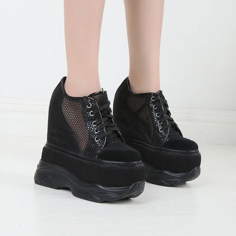 Summer Mesh Breathable Comfort 16cm Height Increasing Shoes for Women's Thick Soled Sponge Cake Sneakers Leisure Elevator Shoes