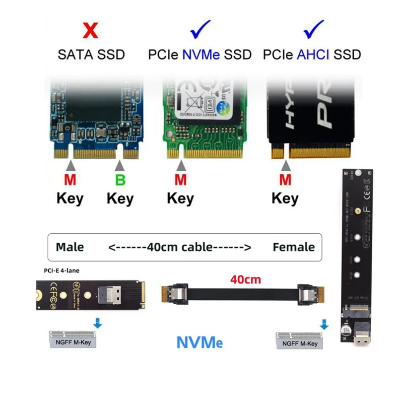 

AEE7-NGFF M.2 NVME M-Key SSD Male To Female Extension Cable 40Cm With SFF-8654 Connector Adapter For Mainboard SSD 2280/22110