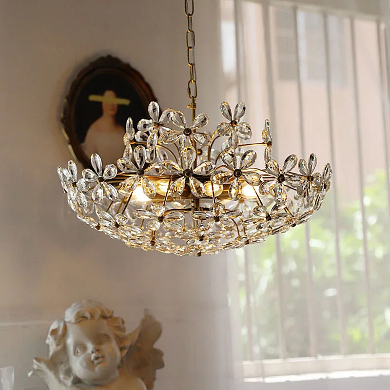 French Vintage Crystal Flower Copper Chandelier American Medieval Living Room Bedroom Dector Petal Romantic Hanging Lamp