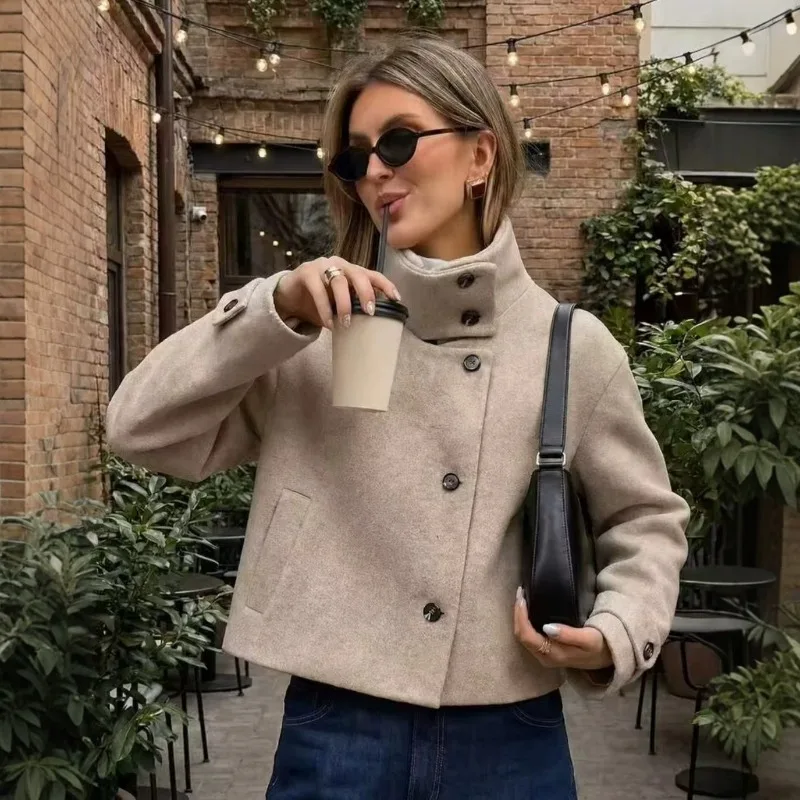 Women's Woolen Coat Autumn Winter Stand Collar Oblique Button Loose Cropped Jacket European American Style Commuter Outerwear