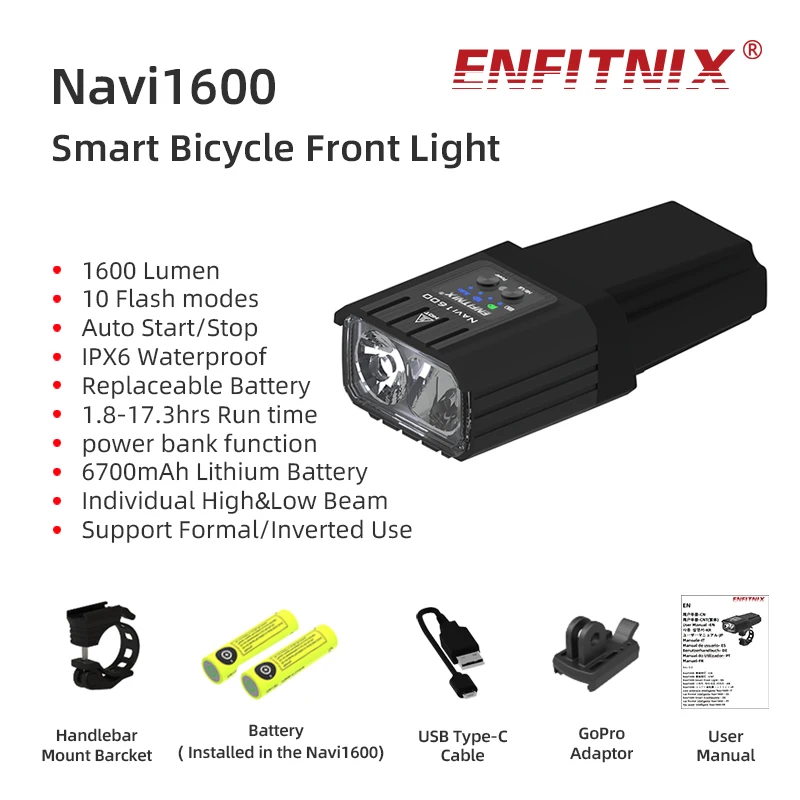 Enfitnix Navi1600 New Smart Bicycle Front Light USB Rechargeable Super Bright Flashlight for Cycling Front Light 1600lm