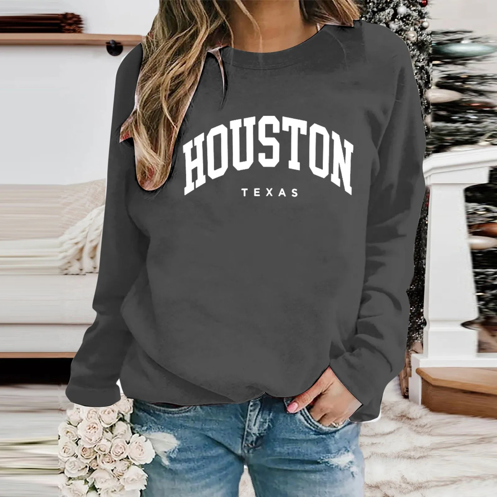 

Womens Casual Letter Print Crewneck Pullover Hoodless Sweatshirt Fall Long Sleeve Sweatshirts Top Blouse Christmas Hoodie Women