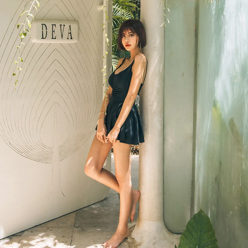 Minsu Swimsuit Female South Korea Ins Dress Style Conservative Boxer Slim Cover Belly Thin and Small Chest Push up Hot Spring Ba
