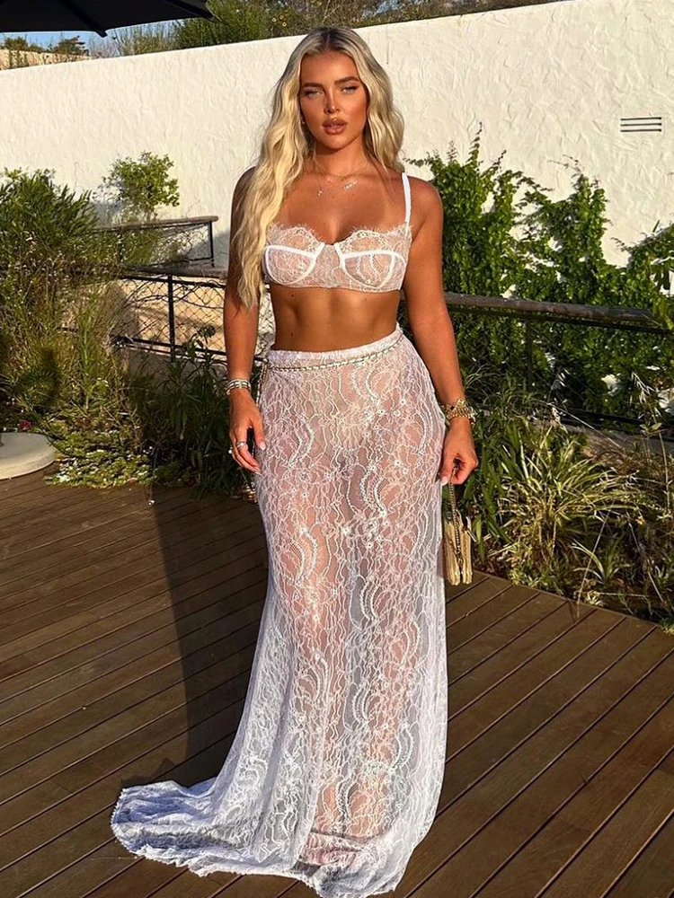 Mozision See Through Lace Set gonna a due pezzi donna Crop Top e Maxi gonna Set elegante Party Beach Sexy Set a due pezzi