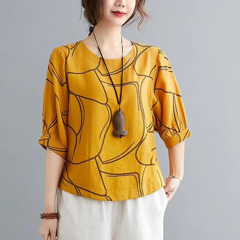 

Fashion O-Neck Irregular Printed Lantern Sleeve Blouses Women's Clothing 2024 Summer New Loose Casual Tops Commuter Shirts