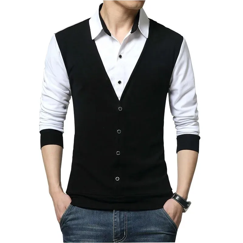 TFETTERS Brand Autumn Mens T Shirts Fashion 2026 Fake Two Designer Clothing Cool T-shirt Men Long Sleeve T Shirt Casual Male