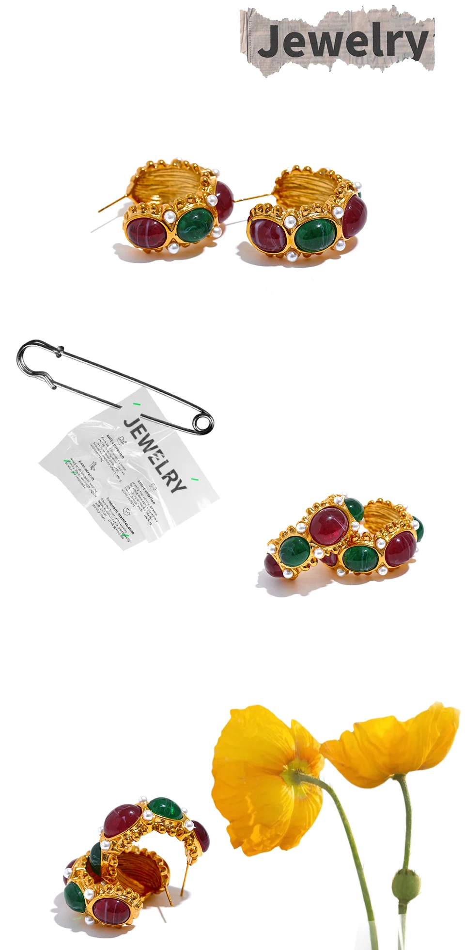 Yhpup Edelstahl C-förmige französische Charm-Ohrringe Schmuck Vintage Rot Grün Harz Stein Imitationsperlen Goldfarbe Bijoux – Detail 8