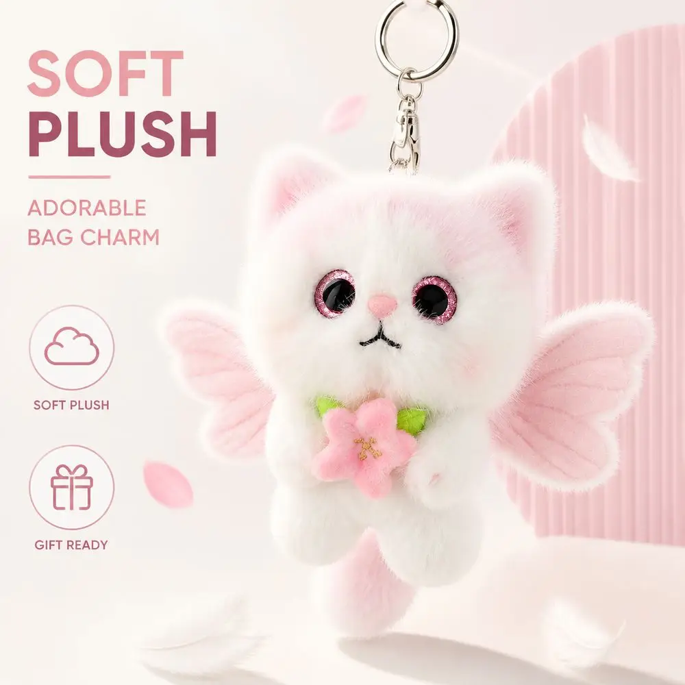 Kitten Pendant Cat Keychain Soft Furry Texture Winged Cat Pendant Realistic Kitten Shape Metal Clip HandBag Pendant