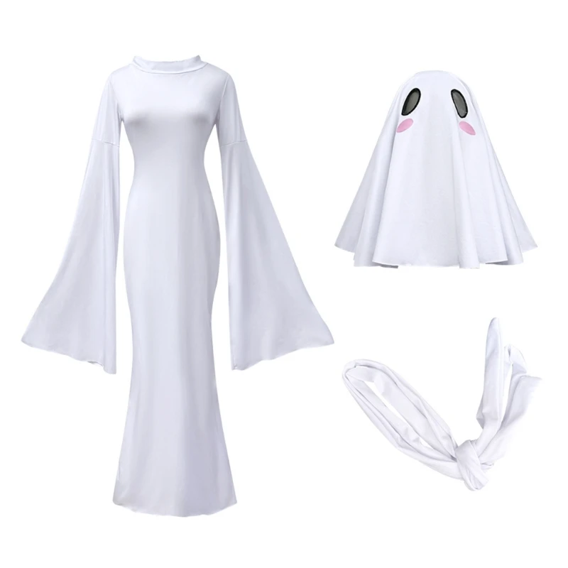 Specter Costume Women Adult Specter Costume White Backless Dress with Mask for Halloween Party Cosplay