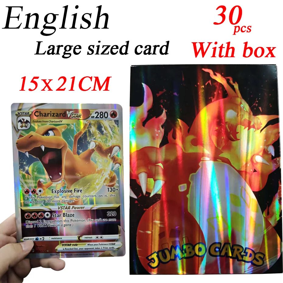 30 Stuks Oversized Pokemon Kaarten Jumbo Letters Kaarten MEGA Vmax Vstar GX Arceus Pikachu Charizard Super Glanzende Zeldzame Kaart Verjaardag gif