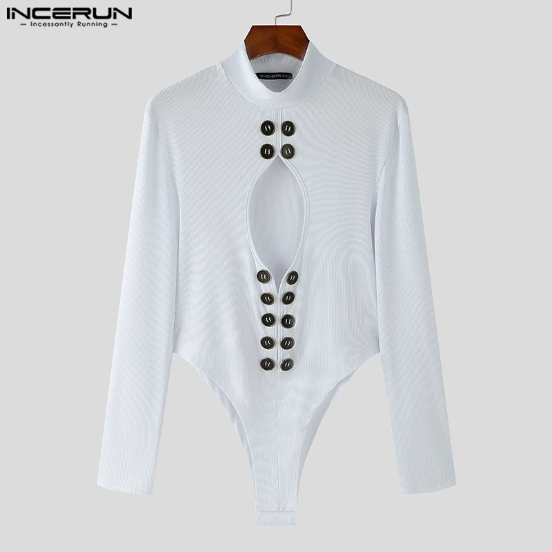 INCERUN Fashion New Men's Jumpsuits Hollowed Button Design Rompers Casual Sexy Male Solid Long Sleeved High Neck Bodysuits S-5XL