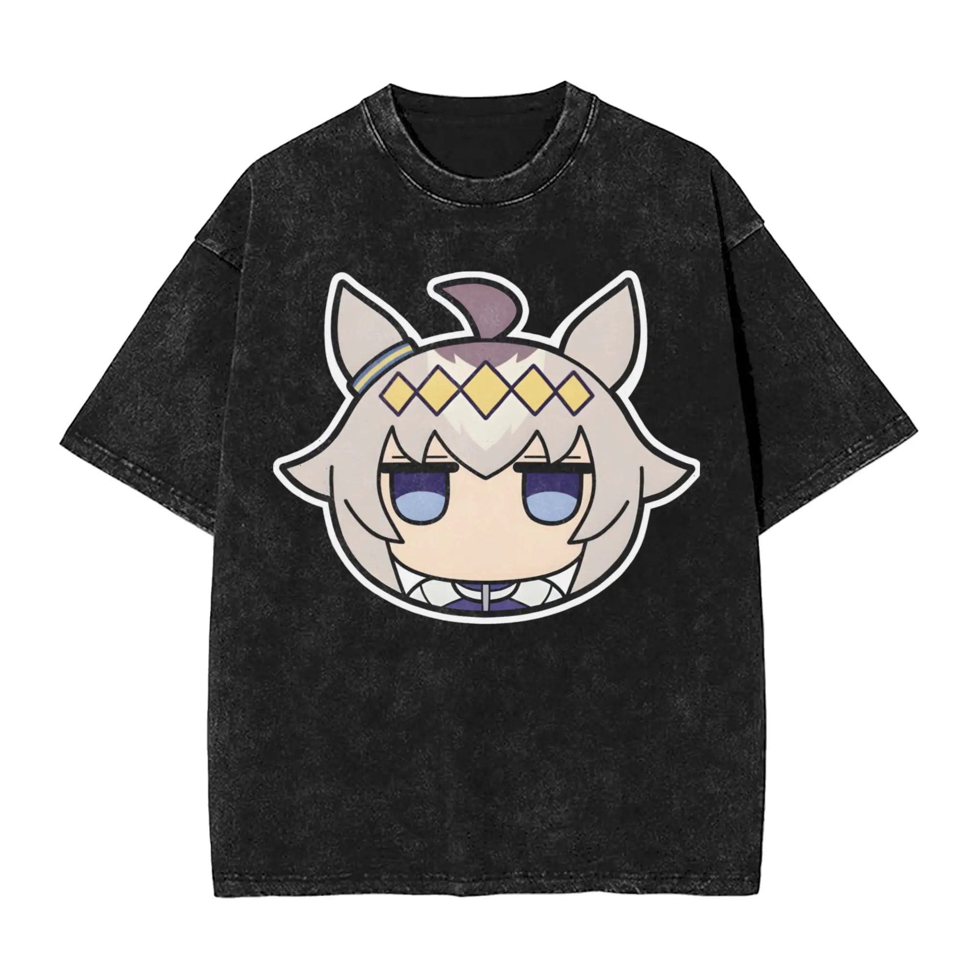 Oguri Cap Stare Chibi UmaMusume Pretty Derby T Shirts Hip Hop Washed Oversize T-Shirt  Vintage Men Women Streetwear Tops Tees