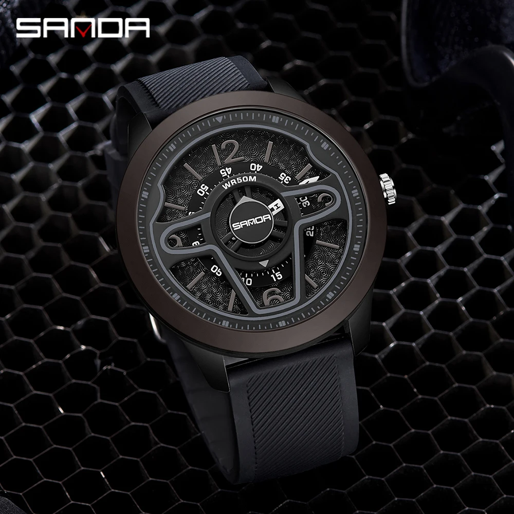 SANDA 9023 Casual Personality Classic Precision Men's Quartz Watches Racing Silicone Fashion Sports 3D Car Steering Wristwatches