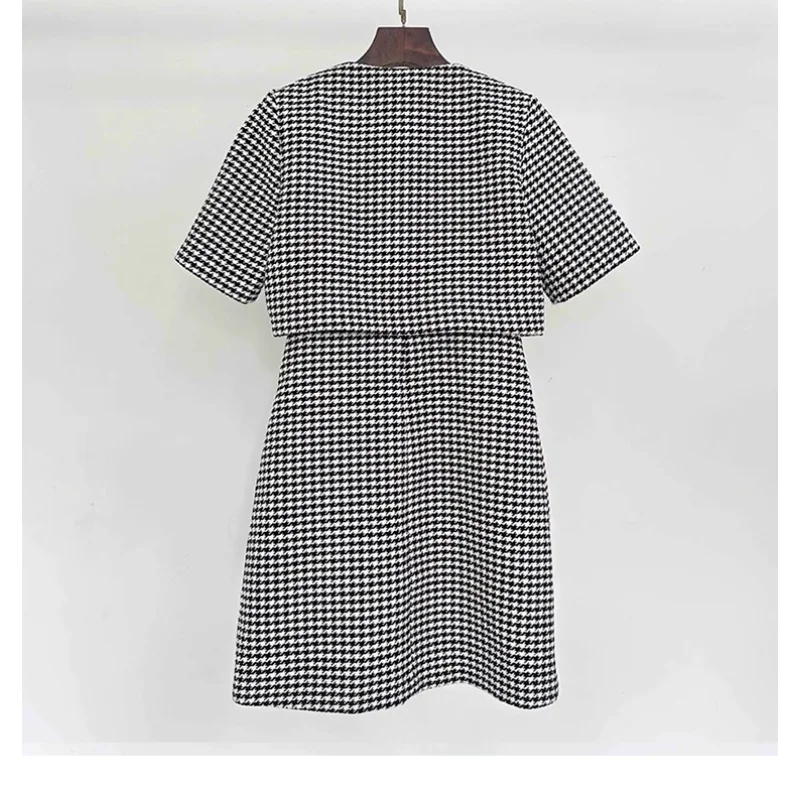 Autumn French Casual V-neck Bird Lattice Tweed Dress Korea Elegant and Chic Short-sleeved High Waist Fake Two-piece Women Dress