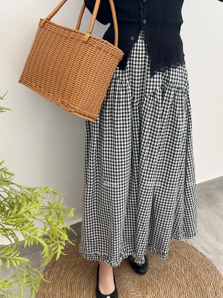 Women's Retro Plaid Long Skirt Spring Summer White Black Lace Splicing A-line Casual Umbrella Skirt Loose Fit for 2026
