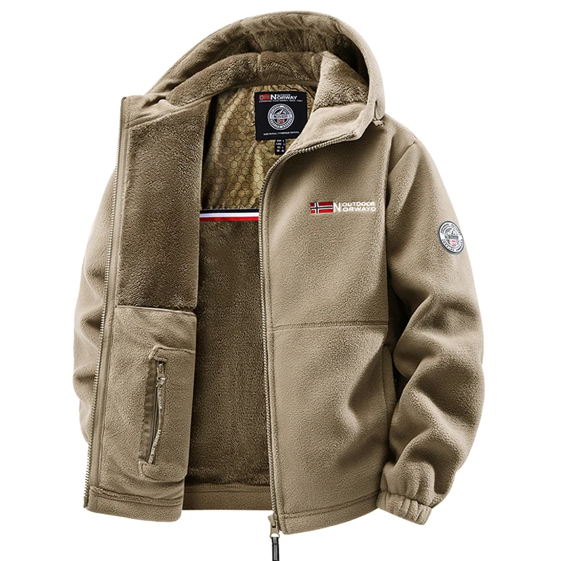 جديد 2025 سترة بغطاء للرأس من الصوف القطبي للرجال لخريف وشتاء خارجي سميك ودافئ سترات للرجال للتنزه والتخييم ملابس