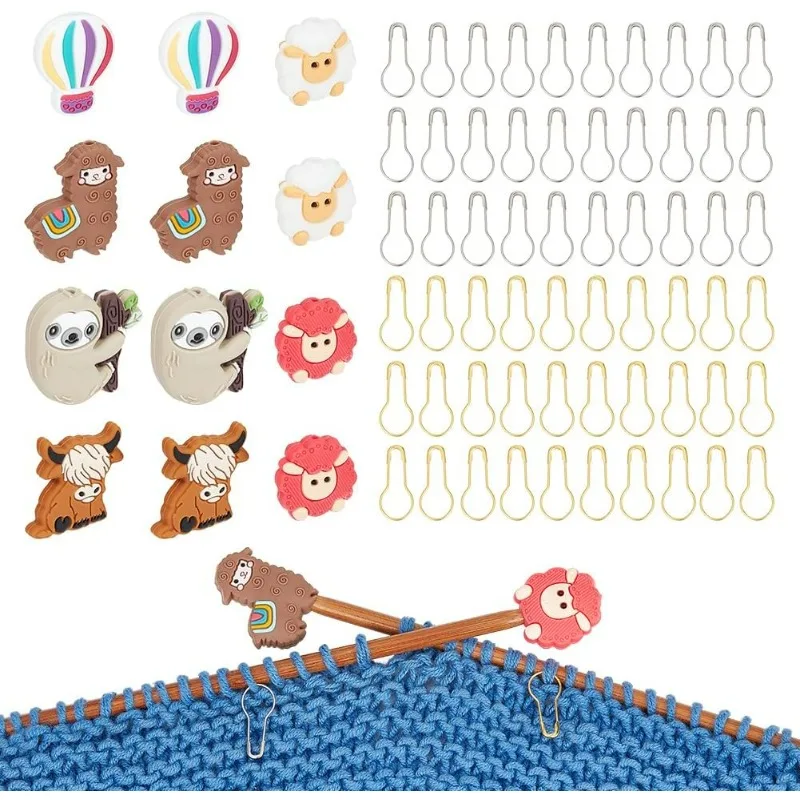 

12 Pcs Animal Knitting Needle Stoppers with 60 Pcs Safety Pins, Sheep/Hot Air Balloon/Sloth/Alpaca Needle Point Protectors Pear