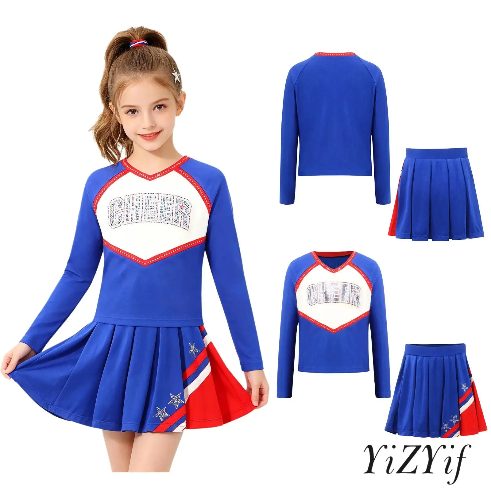 

Girls 4th July Cheer Outfit Rhinestone Letter Top with Stars Print Skirt Built in Shorts for Modern Jazz Dance Stage Performance