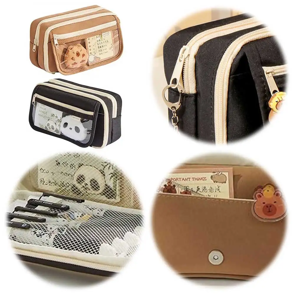 9-Layer Cute Pencil Bag with Stickers Kawaii Zipper Pencil Case Large Capacity Capybara Stationery Holder Bag School Supplies