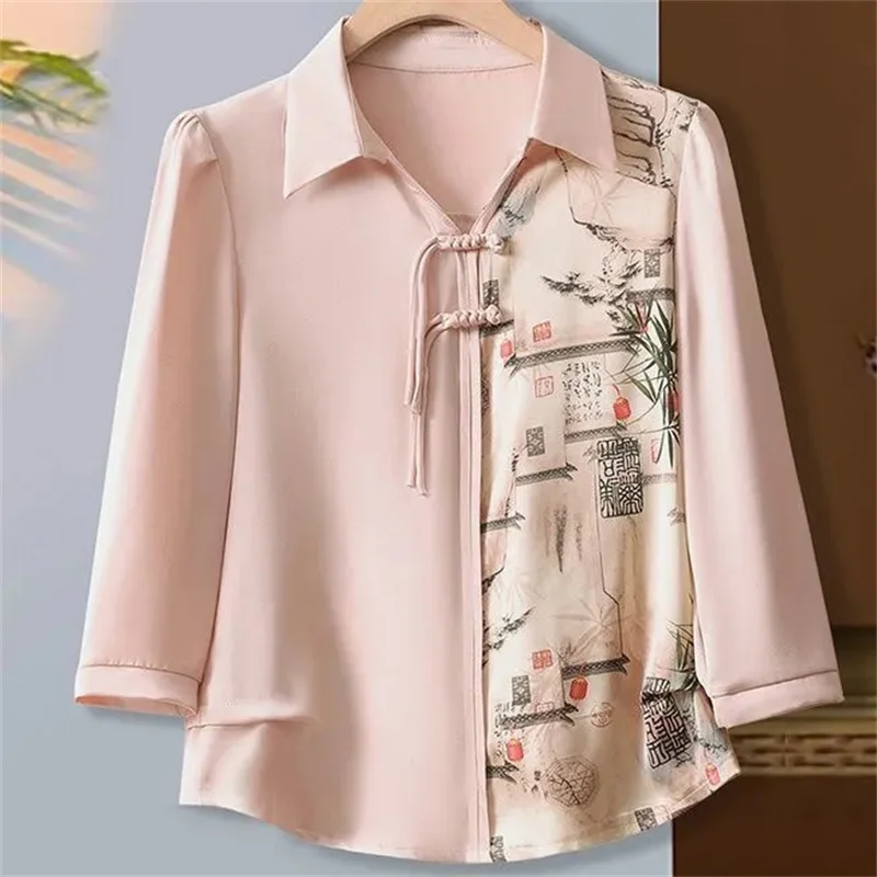 

New Chinese Style Thin Top 2024 New Printed Shirt With Five-Point Sleeves And Medium Sleeves Fashion Mother Shirt