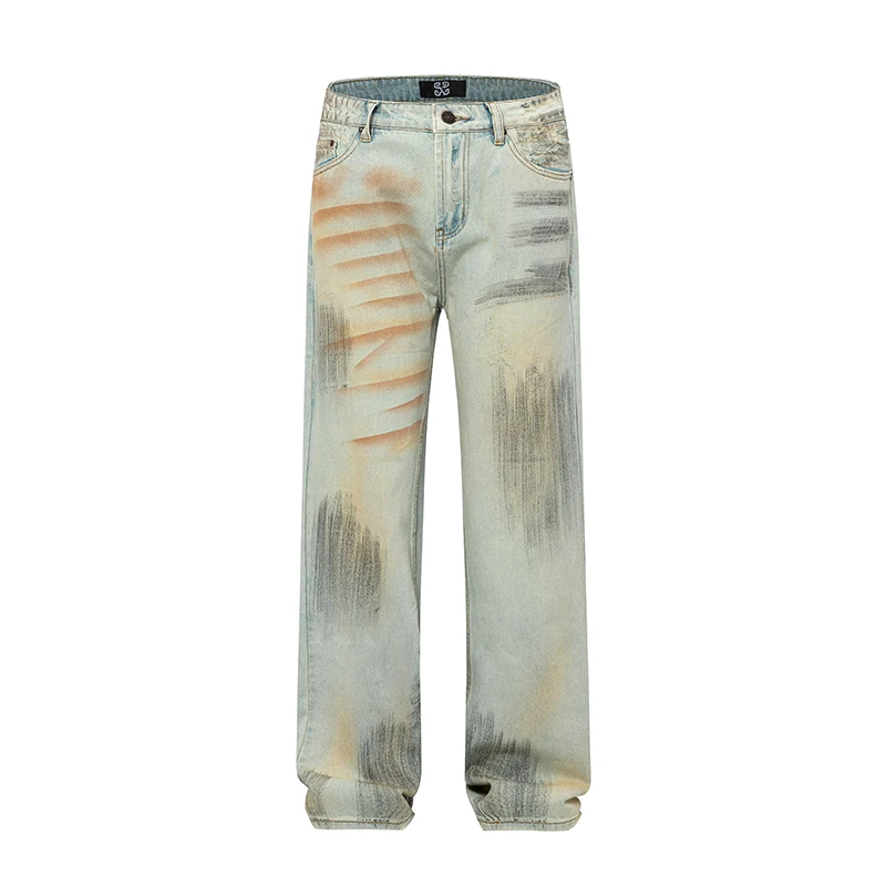 Jean Droit Personnalisé Peint à la Main pour Homme et Femme, Pantalon Long Rétro Bleu Graffiti, High Street Tide At, Nouvelle Collection Automne 2024