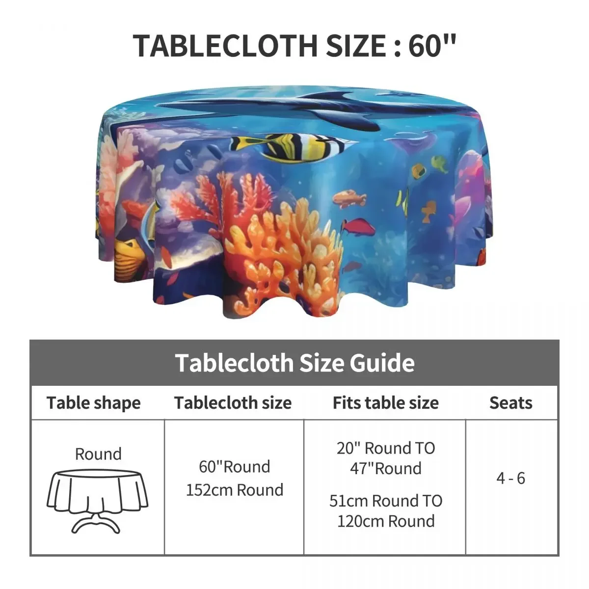 Underwater World Dolphin Round Tablecloth Marine Symphony Polyester Table Cloth Funny Events Christmas Party Graphic Table Cover