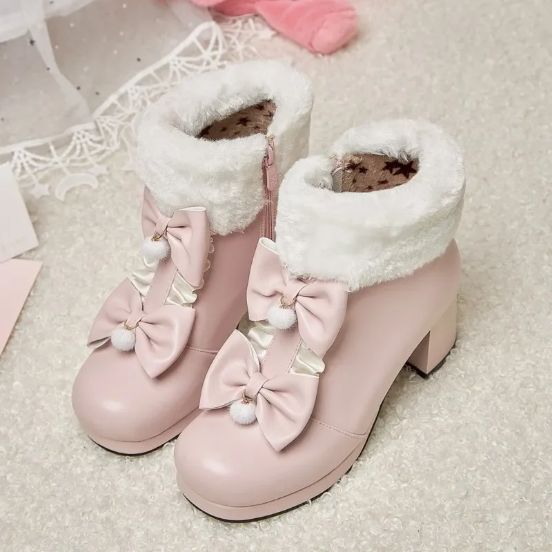 2024 Winter Womens Fashion High Heel Boots Pink White Black Fur Tassel Bowtie Lovely Lolita Ladies Party Wedding Shoes Size 43