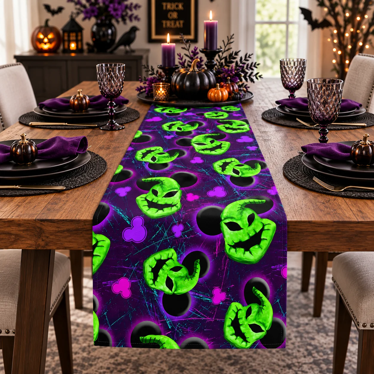 Green Monster Ghost Halloween Table Runner, Purple Background Spooky Devil Face Print Table Cloth, Polyester Table Decor for Hal