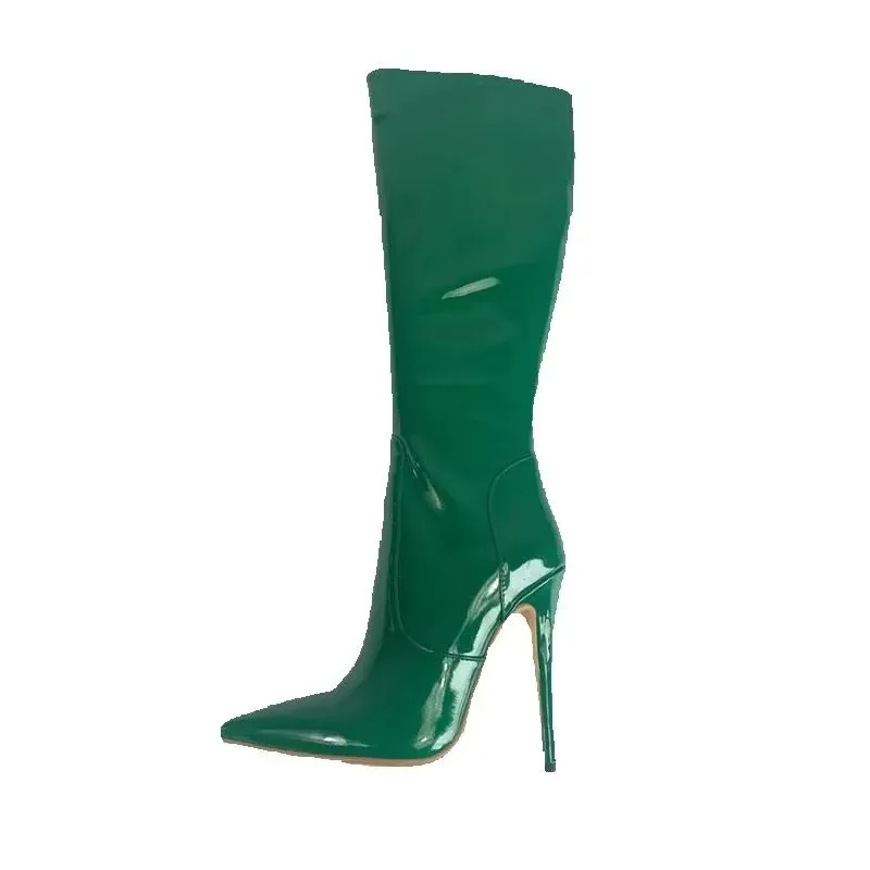 Arden Furtado Patent Leather Skinny Boots Pointed Toe Side Zipper Super High Heel Knee High Boots Extra Large Size Boots