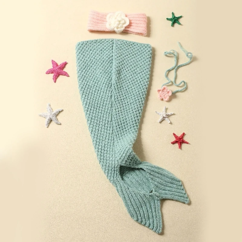 3pc Baby Photography Props Knitted Mermaid tail Costume + flower Hairband set Newborns Photoshoot Infant Photo Props Suit Outfit