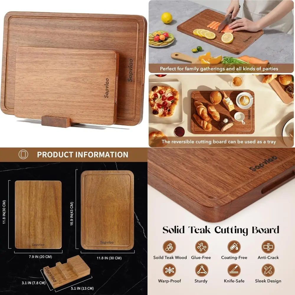 

Набор разделочных досок из массива тикового дерева, цельный дизайн, прочный и удобный для ножей с глубокими канавками для сока для эффективной пищевой подготовки