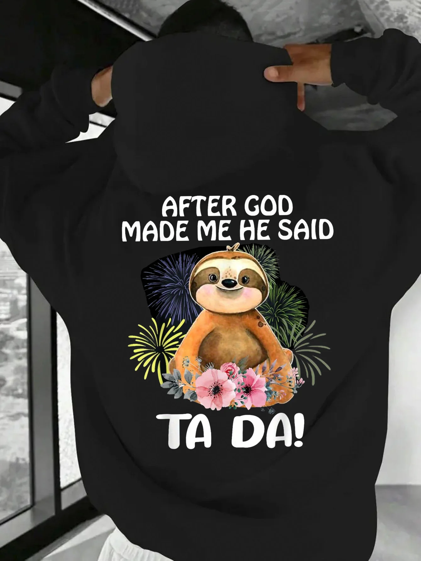 Men's God Created Me Then He Said Lazy Bear Hoodie, Plus Size, Black and White Crew Neck, Punk Rock Style, Vintage Comfortable Casual Pullover, Comfortable Clothing, Fun Print, Machine Washable, Suitable for All Holiday Activities