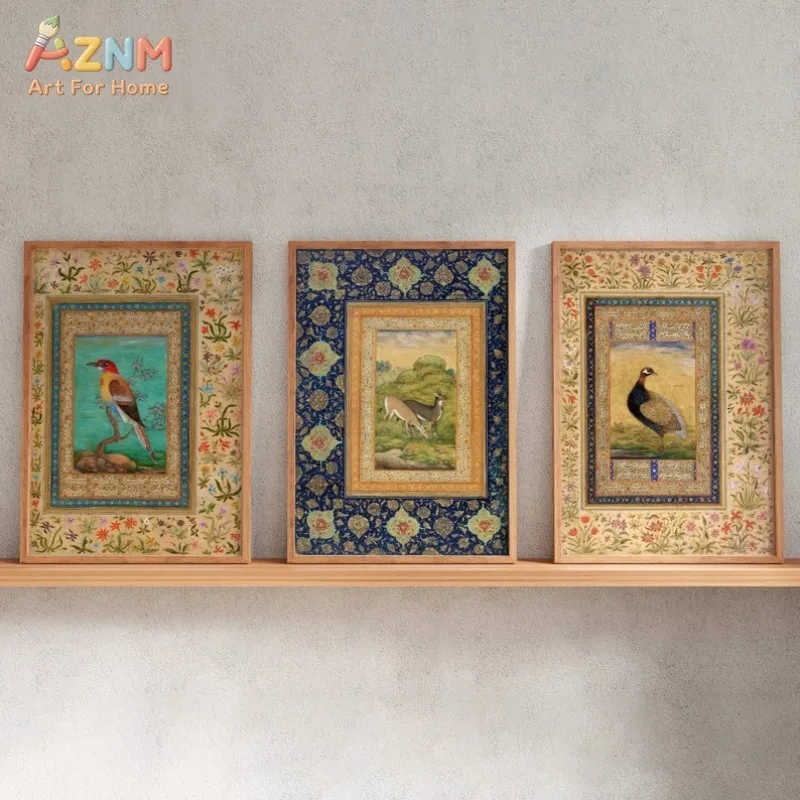 AZNM Vintage Persian Miniature Canvas Print Antique Floral Border Bird Deer Peacock Traditional Oriental Ethnic Art Wall Poster