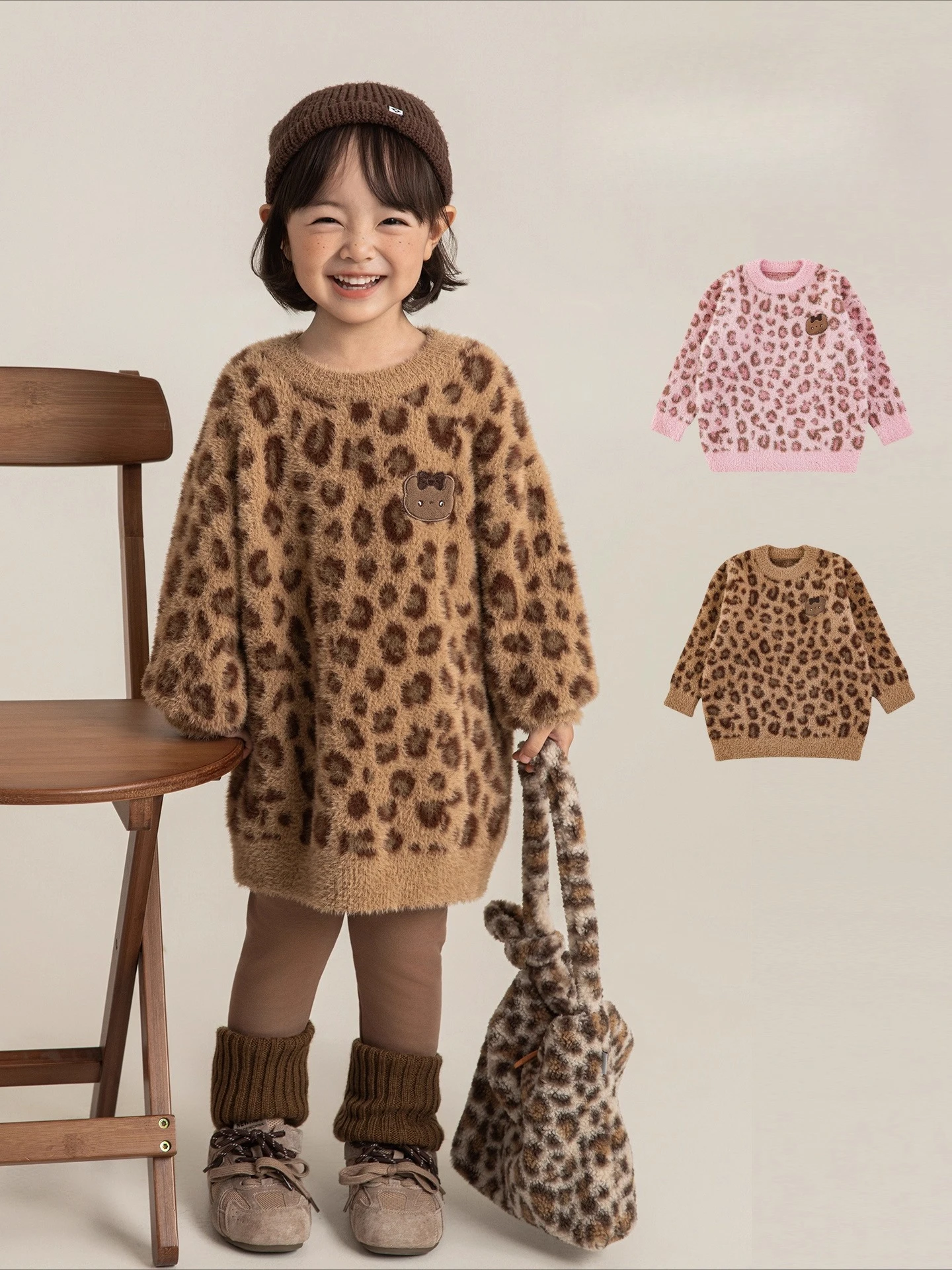 

Girls 2025 Retro Leopard Sweater Oversized Tunic Plush Knit Bobble Textured Top Cozy Chic Pullover Kids 1-7 Years