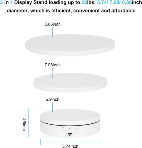 Imagen 2 del producto Soporte de exhibición giratorio motorizado de tocadiscos 3 en 1, plataforma giratoria eléctrica con cubiertas de repuesto de 5,74/7,08/8,66 pulgadas, sesión de vídeo