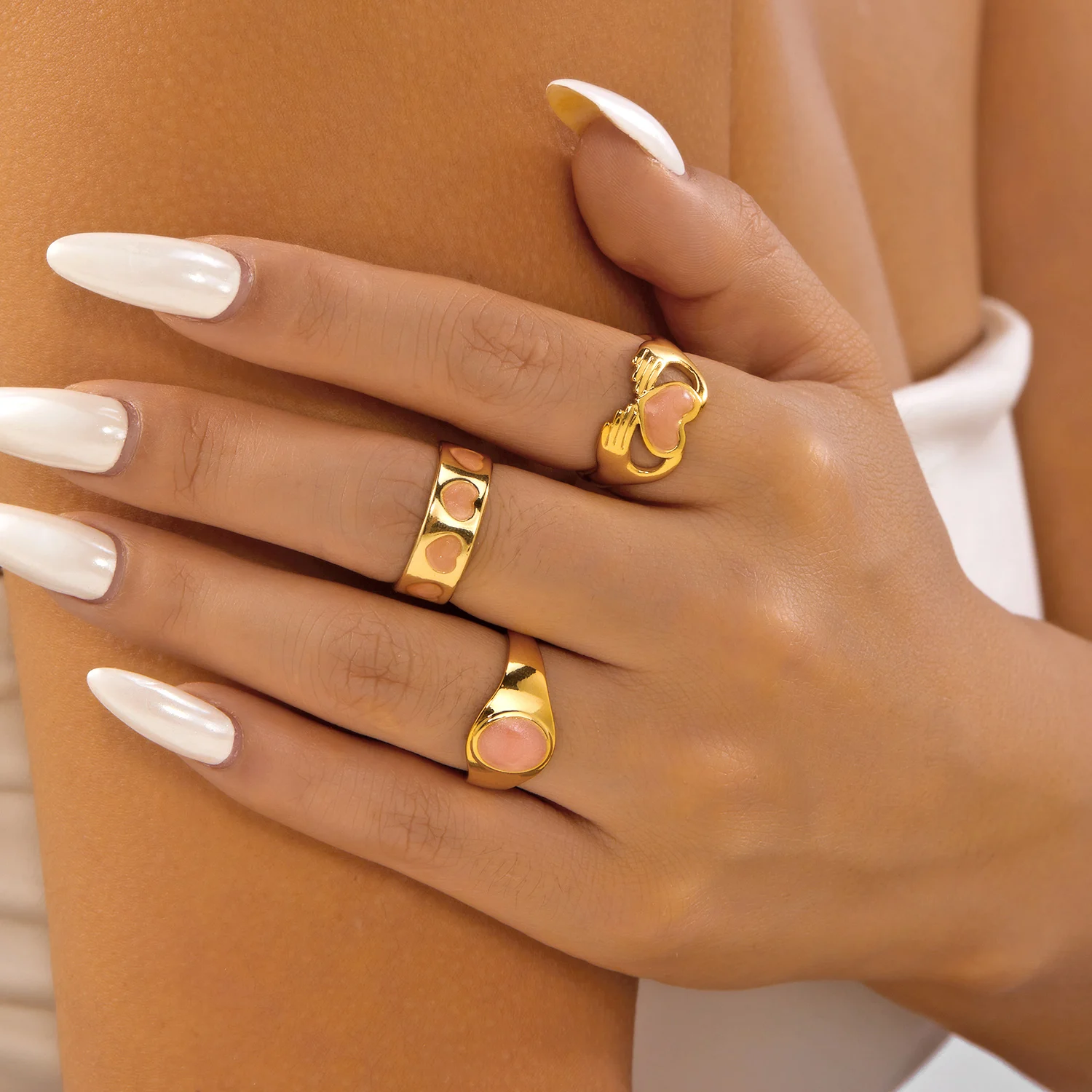 Edelstahl-Ringset mit geometrischem Muster für Damen und Herren, bunter Emaille-Sonnen-Herz-Fingerring, böhmischer ästhetischer Schmuck – Detail 3