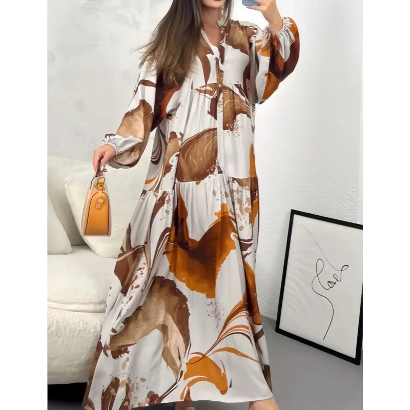 Moda Boho Stampa floreale Maxi abito manica lunga scollo a V vestibilità ampia elegante abito da festa casual caftano caftano arabo Jalabiya Ramadan