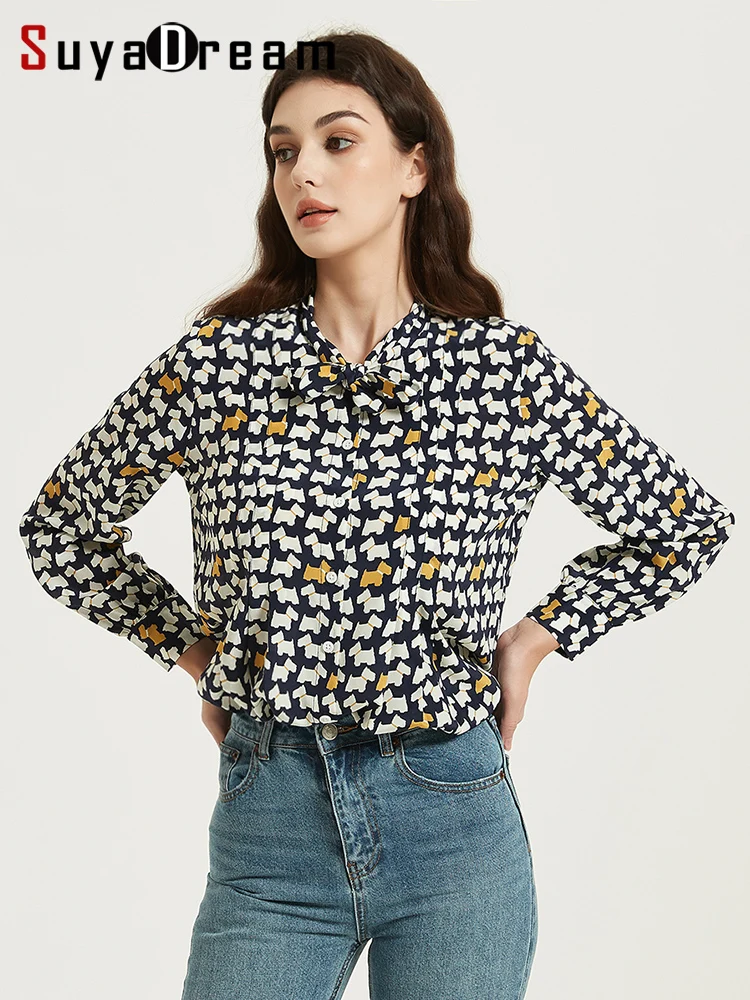 

SuyaDream Woman Printed Shirts 100%Mulberry Silk Crepe De Chine Bow Collar Casual Blouses 2023 Spring Summer Top Navy