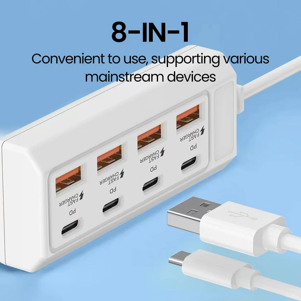 محطة شاحن USB متعددة المنافذ 8 في 1 قطاع الطاقة محطة شحن سطح المكتب USB محول المقبس الكهربائي PD نوع C HUB شاحن