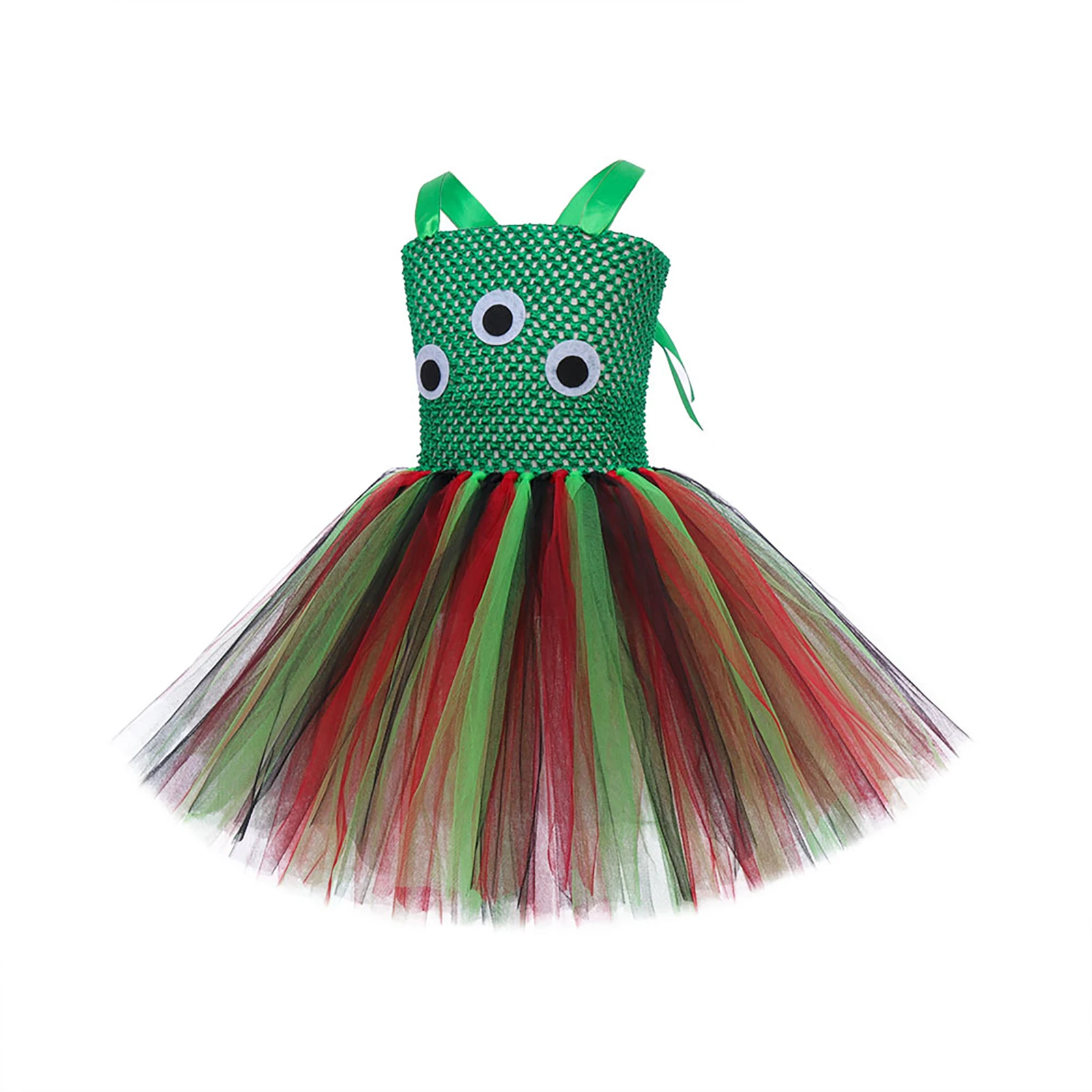 Kids Girl Halloween Alien Cosplay Costume Sleeveless Three Eyes Applique Tutu Dress Carnival Theme Party Colorful Mesh Dress