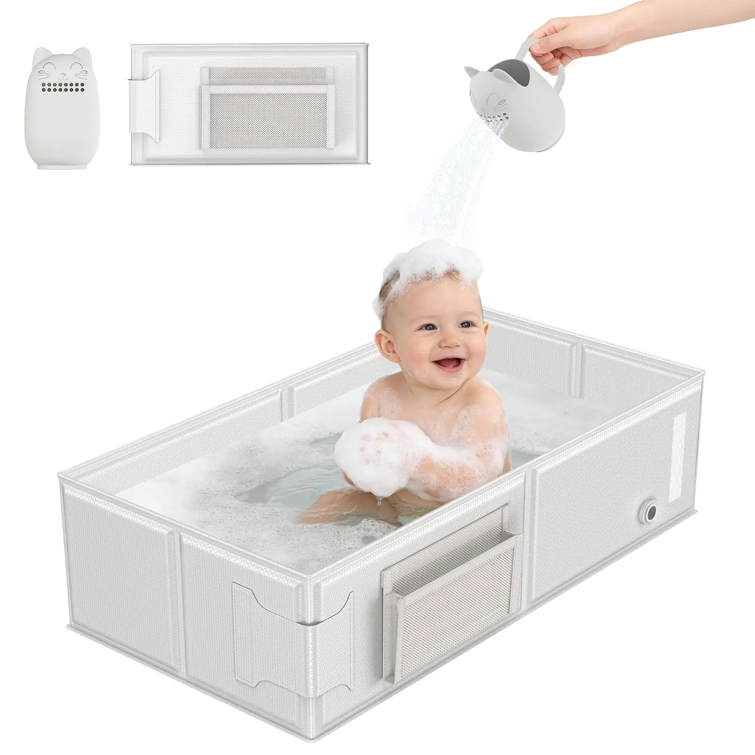 

Portable Foldable Baby Bathtub with Cat-Patterned Cup for Toddlers 6M-5Y, Ideal for Travel Hotel Camping Beach