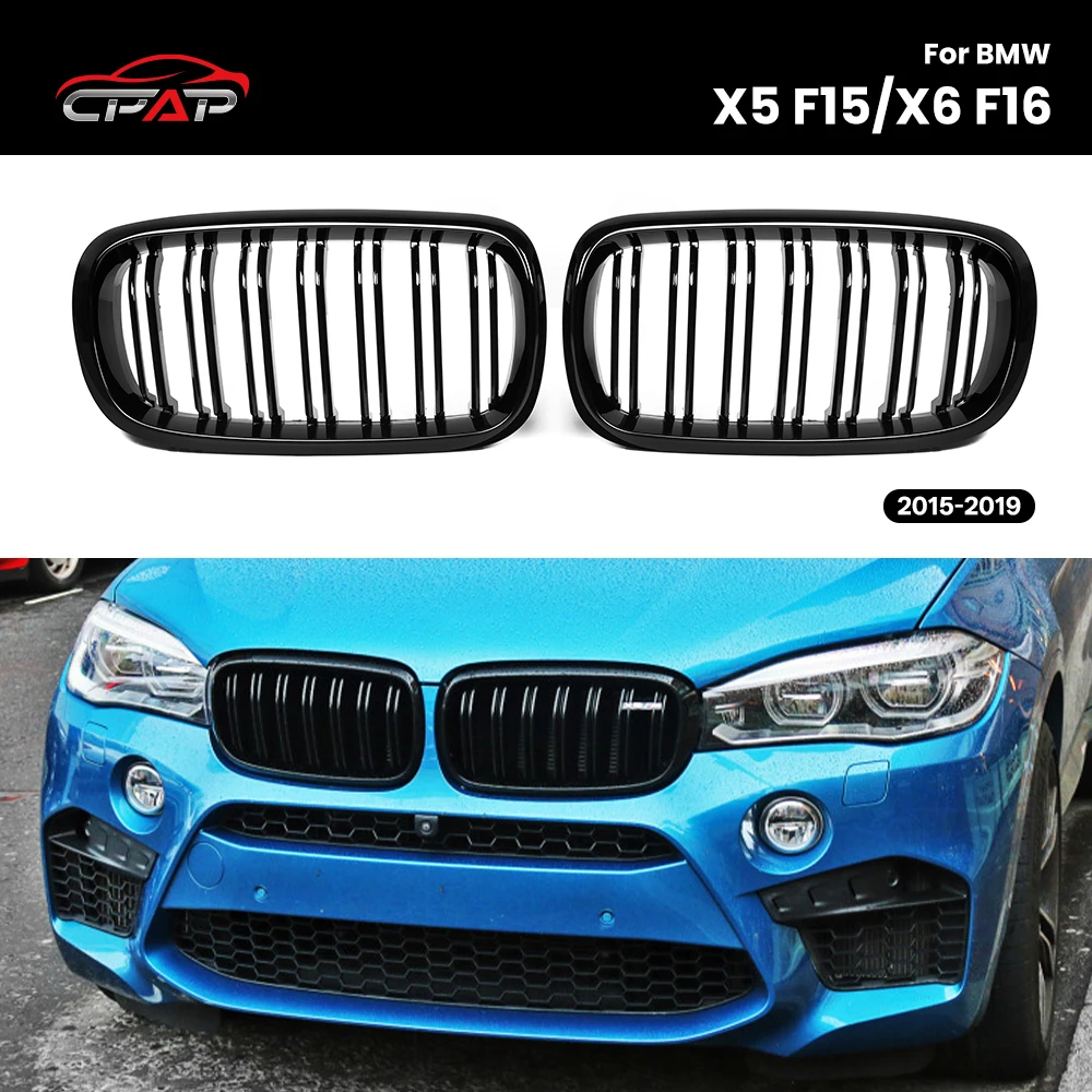 

Front Bumper Kidney Hood Grilles For BMW X5 F15 X6 F16 2015-2019 Gloss Black Replacement Double Slat Front Grills
