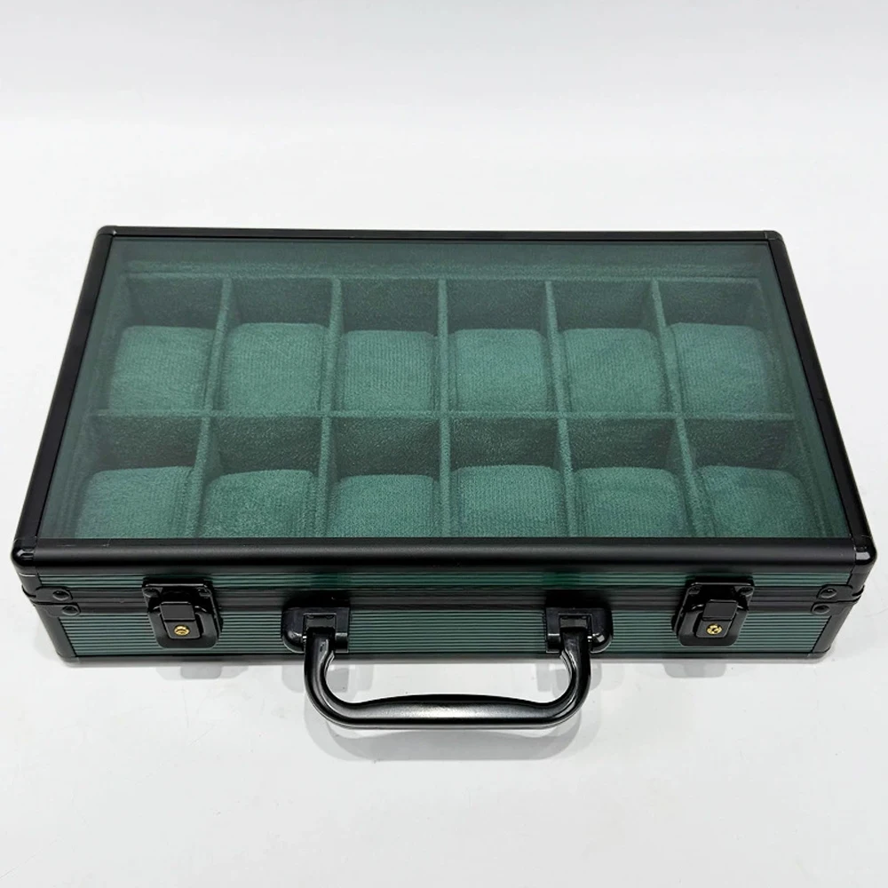 6/12/15 Slots Large Tray Green Aluminum Watch Box for Men Transparent Display Travel Storage Holder Premium Luxury Gift Case