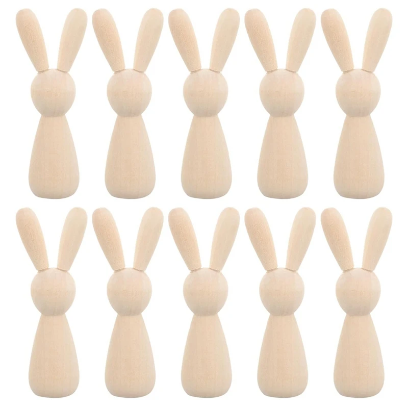 10 PCS Unfinished Wooden Rabbit Doll Figure Unpainted Peg Dolls Wood DIY Blank Wood Bunny Puppet Craft Art Easter Decoration