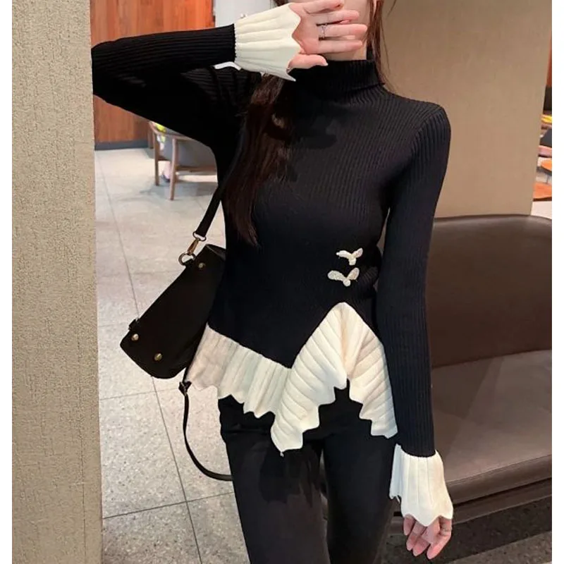 Women\'s Autumn Winter New High Necked Ruffle Edge Patchwork Knit Bottom Sweater Fashion Slim Chic Commuter Long Sleeve Tops