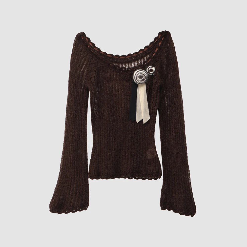 

Women's Off Shoulder Bell Sleeve Knit Top New 2026 Mohair Wool Blend Sheer Scallop Edge Ribbed Sweater with Decorative Brooch