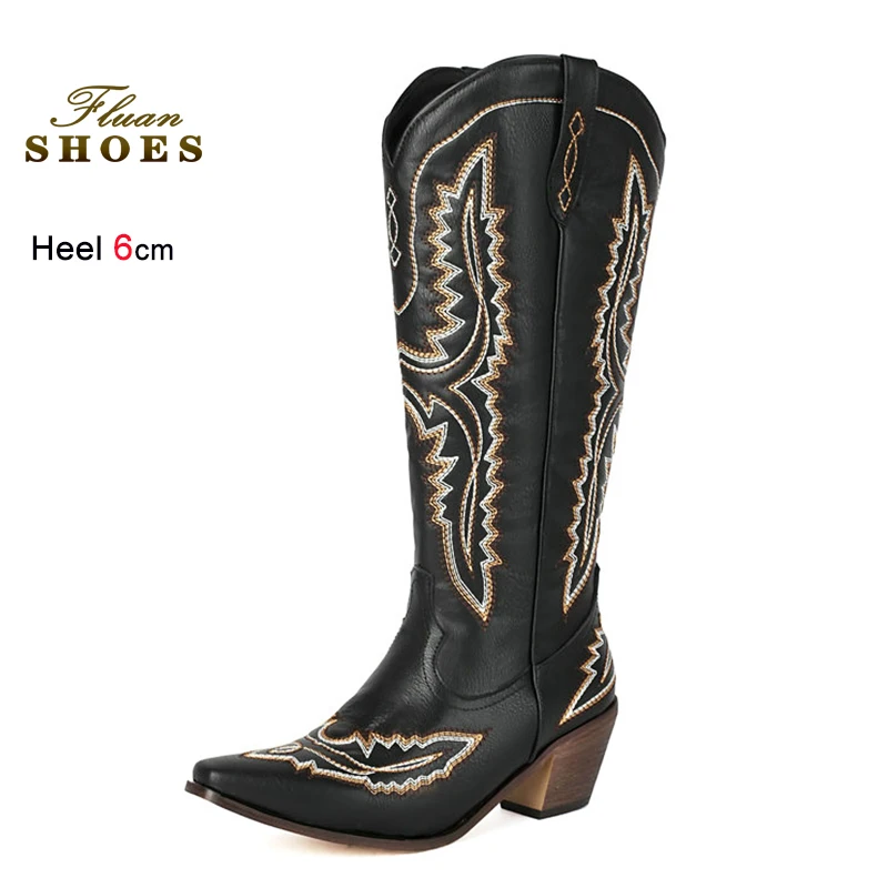 

Black Embroidery Long Boots 2025 New Winter Western style Cowboy Shoes Women 6CM Block HighHeel PU Leather Square Toe Knee Boots