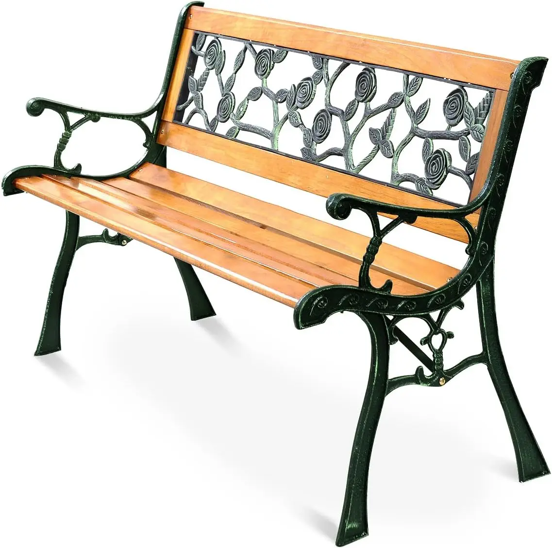 S Afstar Outdoor Garden Bench, Outside Porch Loveseat With Rose Cast Backrest & Stable Metal Legs, 2-3 Person Park Bench,