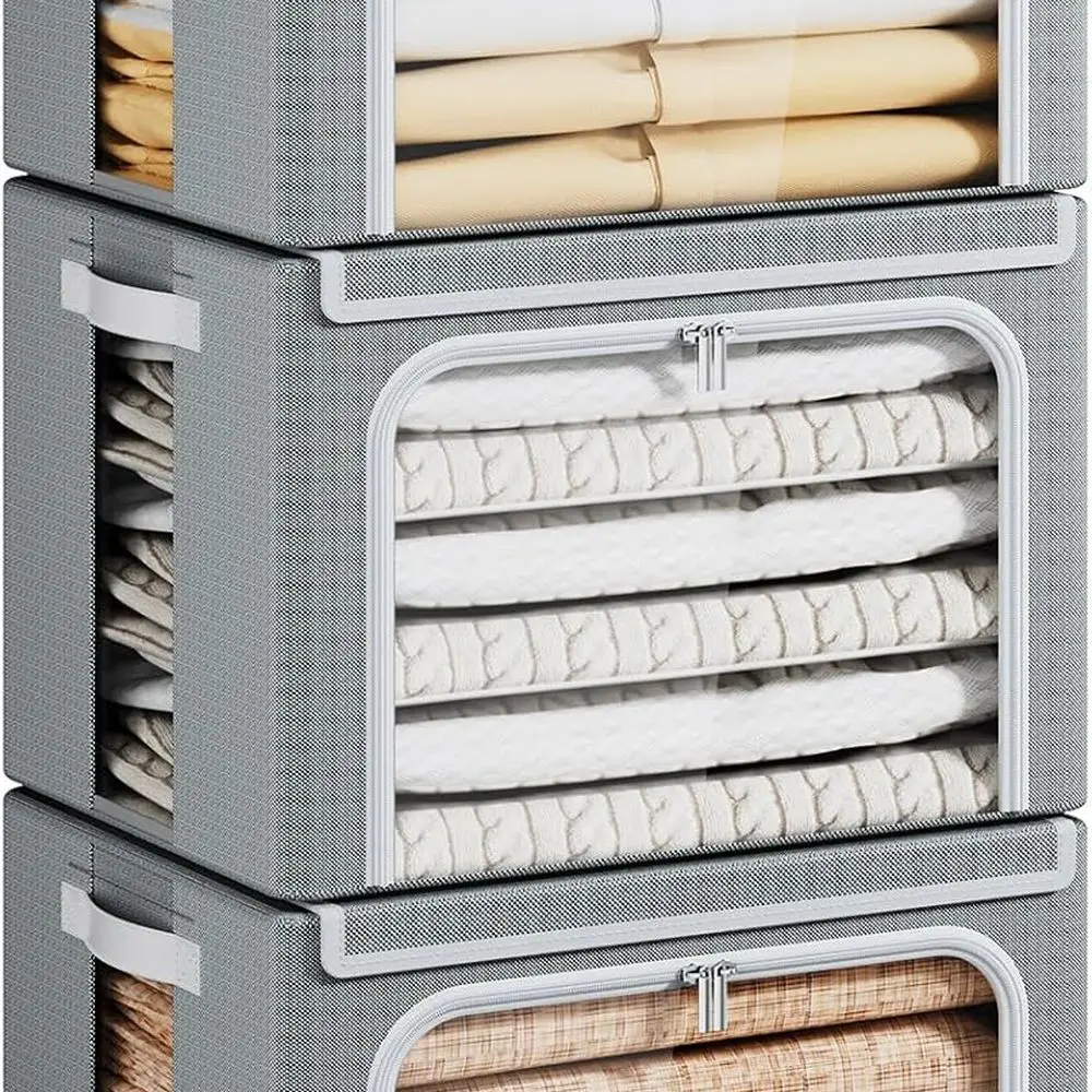 صناديق تخزين قابلة للطي بإطار معدني سعة 40 لترًا مع غطاء، منظمات ملابس بسحاب قابلة للتكديس، صناديق قماش أكسفورد مع رؤية واضحة وLea #1