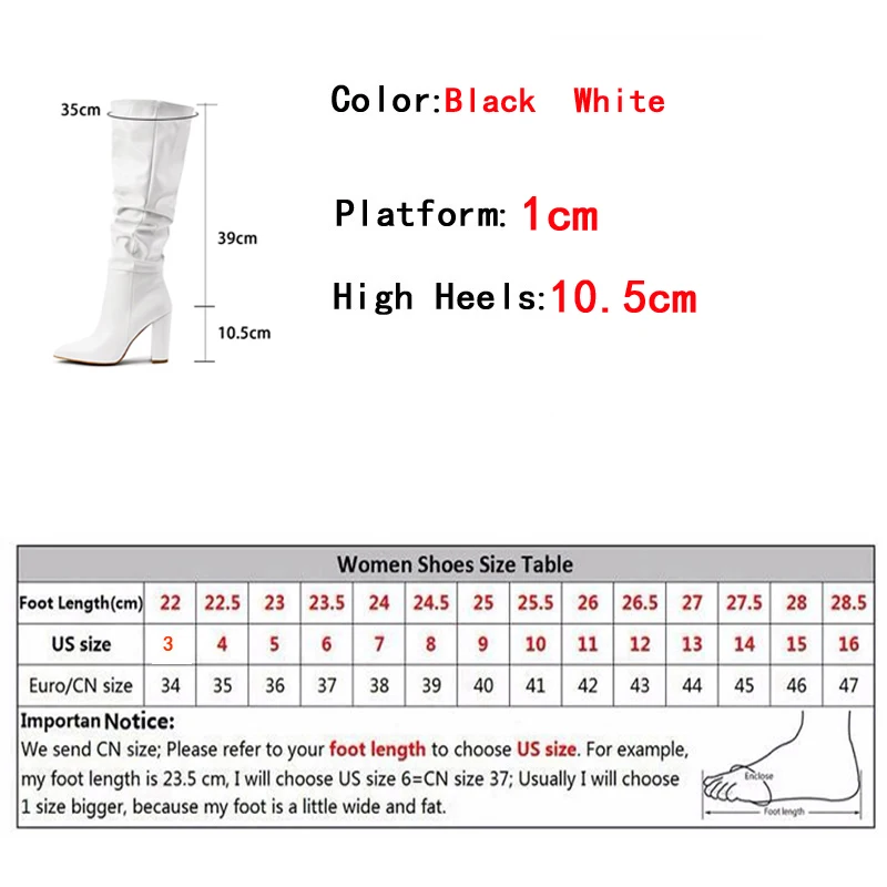 Liyke Size 35-42 White Pleated Leather Long Boots Women Autumn Winter Chunky Heels Motorcycle Knee High Shoes Botas Largas Mujer